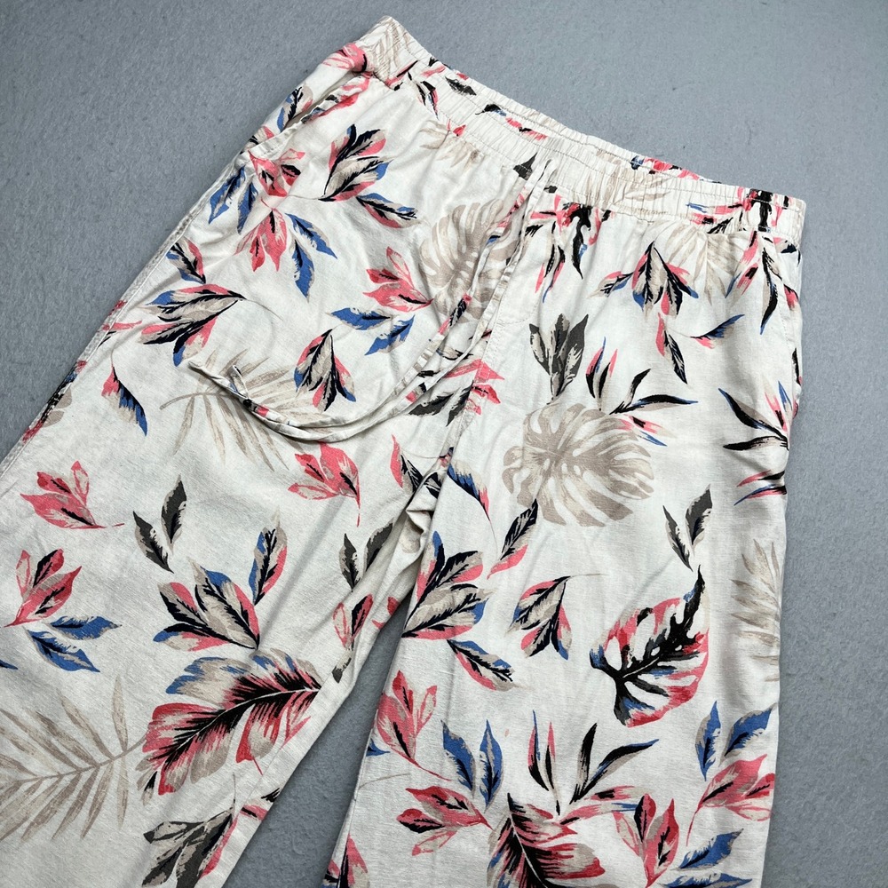 Briggs Tropical Leaf Print Linen Blend Wide Leg Pants Large Cream Pink Boho L